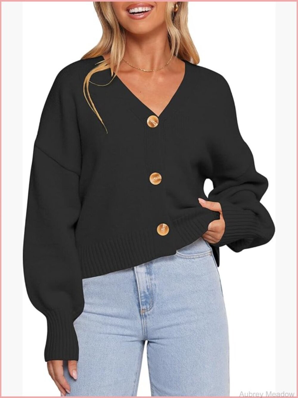 V Neck Cropped Cardigan Lantern Long Sleeve Button Down Lightweight Knit